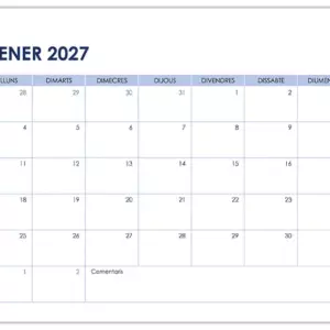 Calendari Excel 2027 per mes